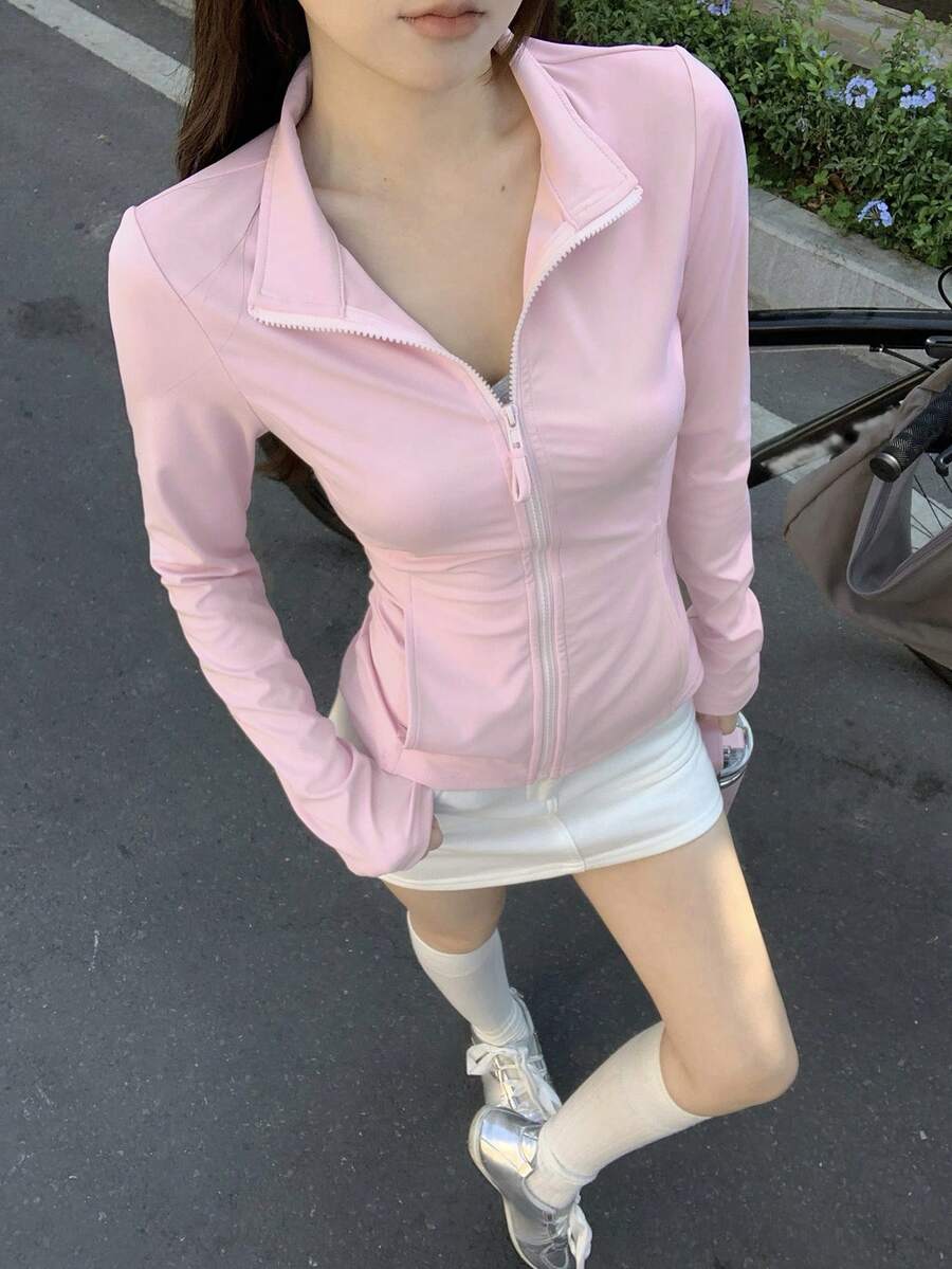 DAZY Teen Girl Fitted Basic Casual Autumn Jacket With Lapel Collar Spring - Baby Pink - View 1