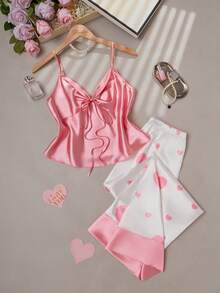 Faux Silk Knotted Front Floral Print Wide Leg Pants Set Babydoll Pajama Set Lingerie Pajamas Set Pink Silk Pajamas Set Bow Pajama Set Pajama Set - Pink - View 1