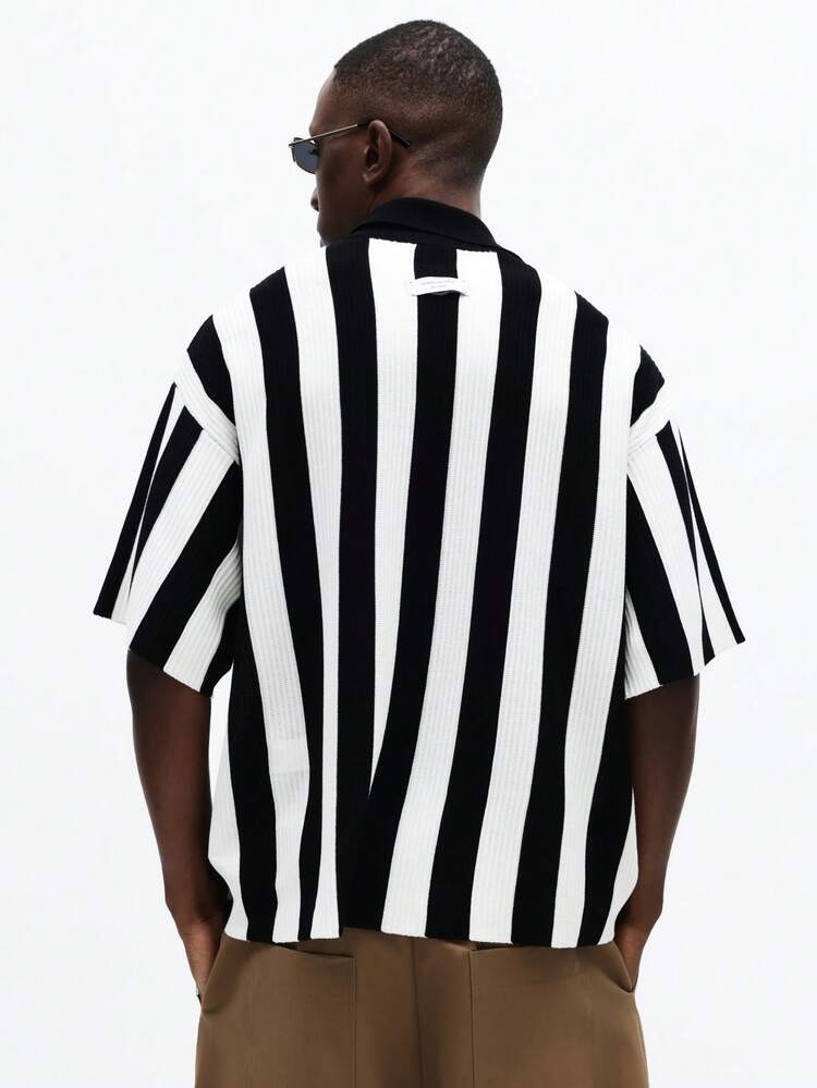 Vertical Striped V-Neck Ribbed Polo