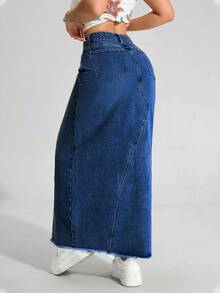 SHEIN ICON Plus Size Women Solid Color Washed Denim Mini Skirt, Autumn/Winter - Dark Wash - View 2