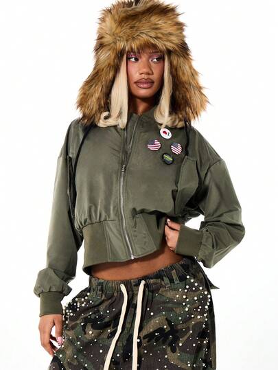 SUMWON WOMEN Badge Detail Bomber Jacket With Fur Trim Hood Ribbed Cuffs Patch Pockets Military Inspired Outerwear