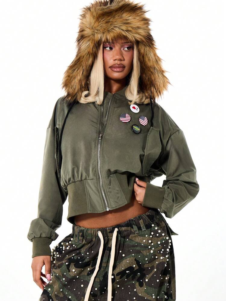 SUMWON WOMEN Badge Detail Bomber Jacket With Fur Hood