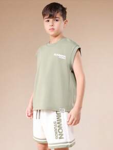 SUMWON Summer Tank Top And Shorts Co Ord Set With Graphic Print And Contrast Hem Detail Casual Two Piece Outfit - Dark Green - View 3