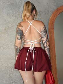 Arliah Romantic Date Halter Lace White Women Tank Top With Backless Design - White - View 2