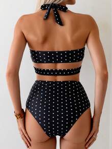Swim Basics Bộ bikini 2 mảnh in họa tiết chấm bi nhiệt đới dành cho nữ, thích hợp cho kỳ nghỉ thường ngày. - Đen và trắng - Xem 2