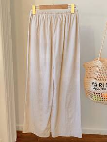 Comfortcana Quần ống rộng dáng suông kẻ sọc bằng cotton, cạp chun, thích hợp cho nữ đi làm hàng ngày và đi nghỉ mát, du lịch, phong cách thường ngày, Y2K, mùa hè, xuân, ngày Valentine. - Màu be - Xem 2