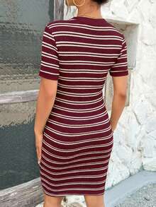 SHEIN Maternity Striped Round Neck Short Sleeve Fitted Casual Dress - Burgundy - View 2