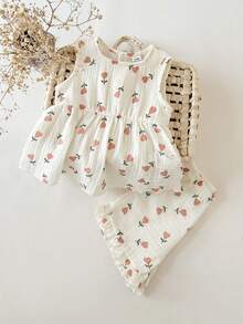 SHEIN 2pcs/Set Baby Girls Casual Cute Floral Print Round Neck Ruffle Sleeveless Top And Elastic Waist Shorts Set, Suitable For Spring/Summer Outings, Vacation, Travel, Comfortable & Versatile - Apricot - View 3