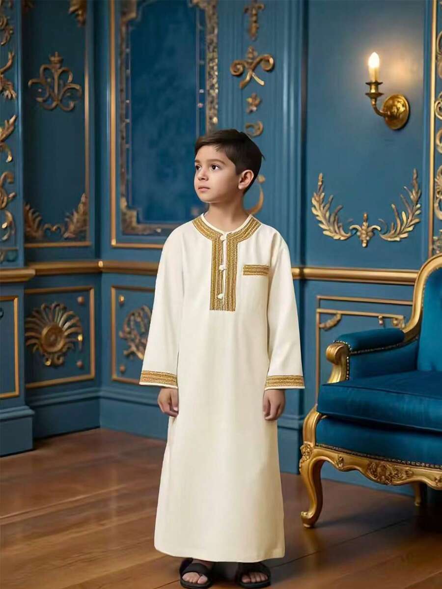SHEIN Tween Boy Elegant Gold-Trimmed Long Robe Shirt, Spring/Summer - Khaki - View 1