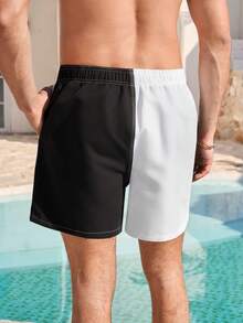 Zalmeno 男士撞色弹力腰带抽绳宽松休闲沙滩短裤，夏季男士泳裤，男士沙滩装，黑白泳裤，男士泳装，泳池服 - 黑與白 - 查看 2