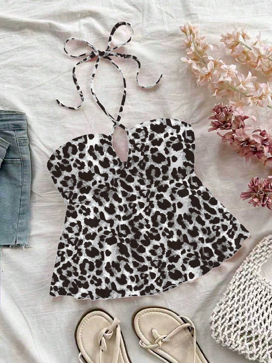 Soleia 女士休闲度假胸前褶皱抽绳露背吊带紧身背心，适合夏季度假 - 灰色 - 查看 1