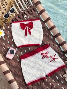 Elamini Women's Spring/Summer 3D Crochet Bow & Starfish Cute Casual Versatile Crop Top & Shorts Knit 2 Pieces Set - Multicolor - View 1