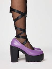 ROMWE Kawaii 女士高跟鞋 暗黑摇滚朋克哥特风 包头交叉绑带粗跟礼服鞋 防水餐桌度假鞋 紫色通勤工作鞋 系带乐福鞋 - 紫色皮面 - 查看 4