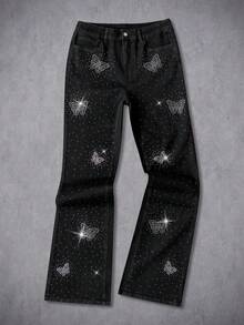Manfinity EMRG Men's Casual Rhinestone Butterfly Pattern Flared Denim Pants - Black - View 6