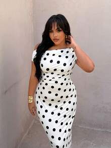 Rustia Plus Size Elegant Polka Dot Asymmetrical Shoulder Dress, Spring/Summer - Black and White - View 5