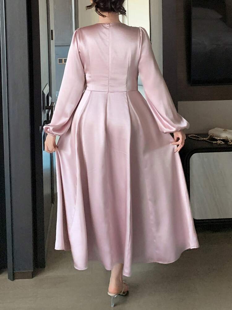 Dazy Plus V-Neck Rhinestone Patchwork Waist Slimming Elegant Lantern Sleeve Party Dress, Satin Fabric, Plus Size, Pink, Spring/Autumn Sundress