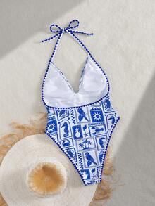 Bonvoyette 夏季度假性感时尚全印花假日海洋设计深V领蕾丝边挂脖连体泳衣 - 彩色 - 查看 2