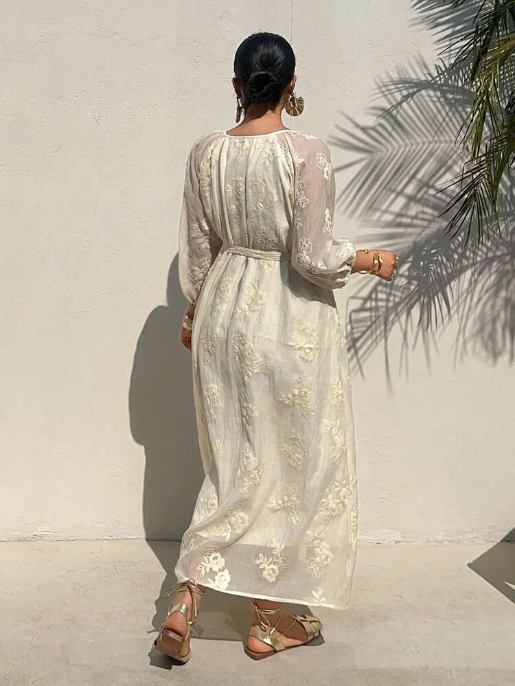 Dazy Plus Plus Size Women Floral Jacquard Round Neck Lantern Sleeve Elegant Dress Maxi Dress Sundress Vacation Outfits Women