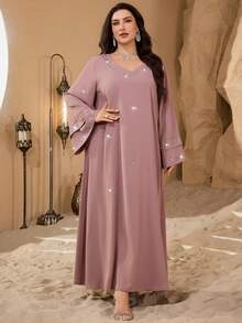 Al Najma 加大码V领时尚水钻装饰双层袖闪亮优雅柔软舒适宽松土耳其连衣裙 - 粉色 - 查看 4