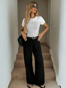 Easowa 女士休闲圆领修身黑白条纹短袖T恤，适合春夏穿着 - 彩色 - 查看 4