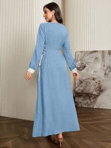 Modelyn Elegant Long Sleeve Dress With Contrast Color Trim And Drawstring Waist - Blue - View 5