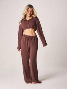 MISSGUIDED Long Sleeve Button Front Crop Shirt With Wide Leg Palazzo Pants Coordinated Set - Brown - View 5