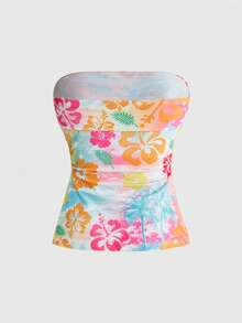 ROMWE Avant Top corto tipo tubo con estampado floral y diseño de abertura en el bajo, estilo de vacaciones en la isla - Multicolor - Ver 6