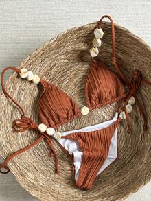 Swim Vcay 2件套女士纹理比基尼套装，撞色装饰，性感沙滩派对休闲度假泳装 - 鏽棕色 - 查看 1