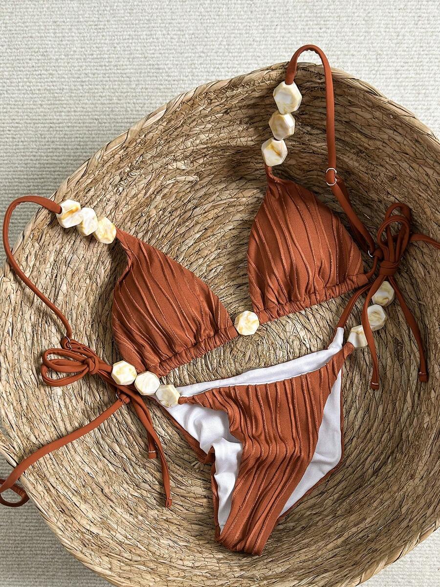Swim Vcay 2件套女士纹理比基尼套装，撞色装饰，性感沙滩派对休闲度假泳装 - 鏽棕色 - 查看 1