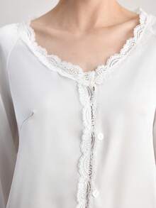 Ocili Leisure Silky Satin Lace V-Neck Long Sleeve Pants Comfortable Minimalist Women Pajama Set - White - View 4