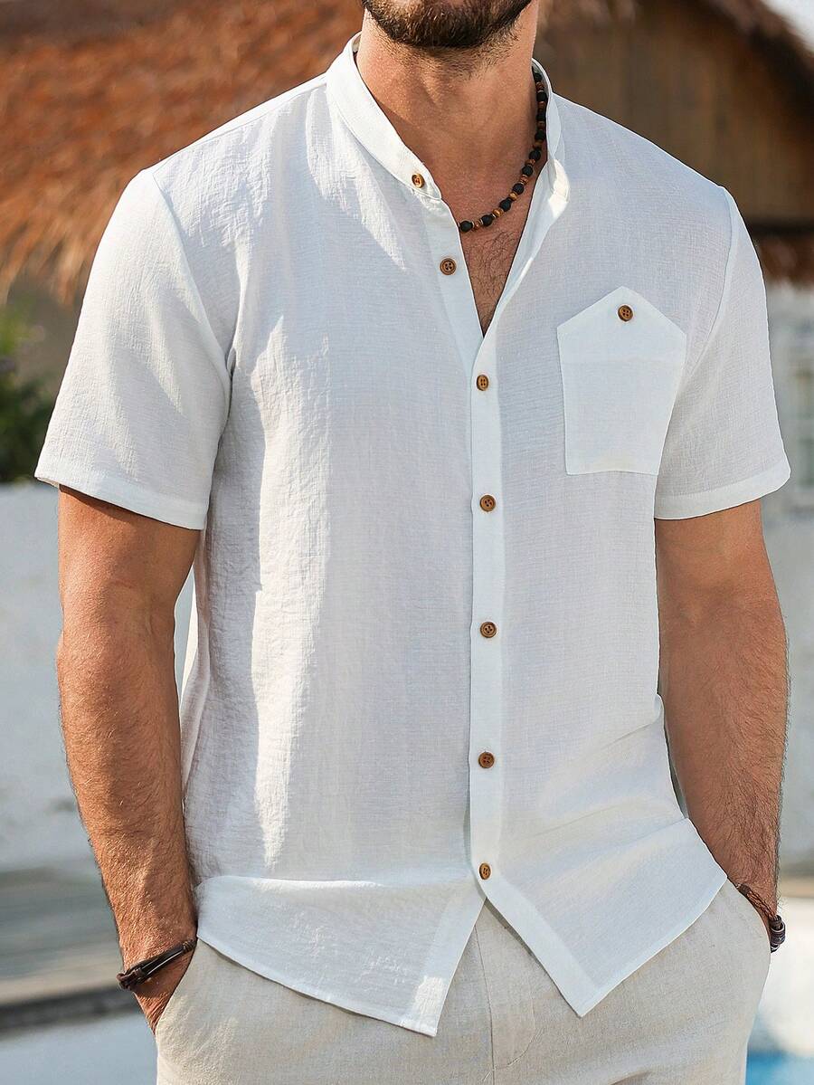 Manfinity RSRT 男士立领衬衫，带胸袋，时尚百搭，适合日常穿着 - 白色 - 查看 1