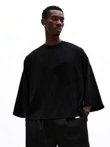 SUMWON 男士宽松长袖圆领T恤休闲街头风套头衫 - 黑色 - 查看 3