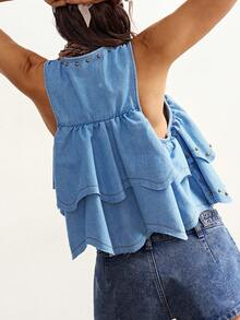 Bohemela Áo kiểu denim nữ cổ chữ V, buộc dây phía trước, đính cườm và xếp nếp, kiểu dáng thường ngày, thích hợp cho các buổi hẹn hò và đi chơi. - Rửa nhẹ - Xem 2