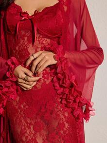 Slumberist Women's Mature Sexy Lingerie Set, Super Long Mesh Robe And Lace Backless Slip Dress 2 Pieces Set Sexy 2piece Nightgown Lingerie Set With Robe Red Night Gown Long Lingerie Dress Spaghetti Strap Lace Night Gown - Burgundy - View 9