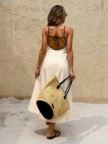 SHEIN Frenchy 女式露背系带细肩带中长度假连衣裙 - 杏色 - 查看 2