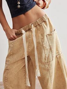 Bohemela 女士休闲纯色宽松梭织裤 - 卡其色 - 查看 3