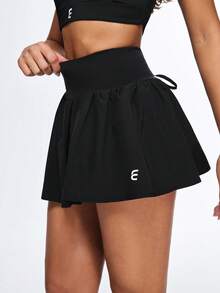 Eassivo Eassivo Women's Black Workout Skort With Tie‑Back Ruched Detail,High‑Rise Waist, Drawstring Ruched Back, Anti‑Chafe Inner Shorts - Black - View 2