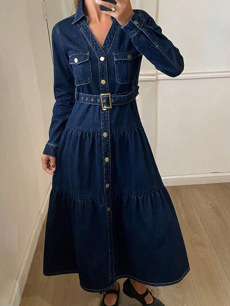 Classic Casual Denim Dress With Collar And Belt For Women Maxi Dress