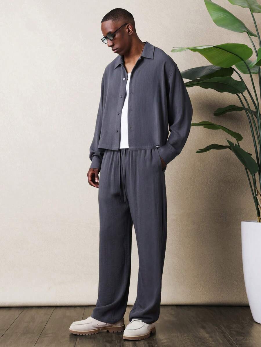 SUMWON Classic Button Front Linen Shirt And Drawstring Pants Matching Two Piece Set Relaxed Fit Casual Summer Outfit Breathable Natural Fabric Leisure Wear - Grey - View 1