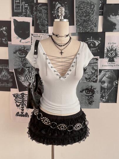 Attitoon 女士T恤，复古风，性感Y2K音乐节复古朋克链条交叉肩带