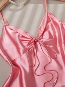 Faux Silk Knotted Front Floral Print Wide Leg Pants Set Babydoll Pajama Set Lingerie Pajamas Set Pink Silk Pajamas Set Bow Pajama Set Pajama Set - Pink - View 6