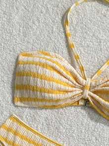 SHEIN 少女针织纹理吊带比基尼套装，夏季沙滩条纹挂脖比基尼套装，夏季假期 - 黃色 - 查看 8