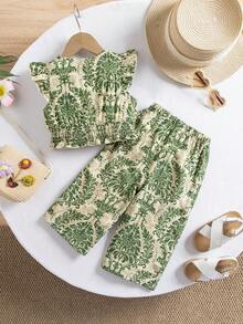 SHEIN Babygirl Vacation Casual Cute Floral Print Cap Sleeve Top And Elastic Waist Pants Set - Green - View 2