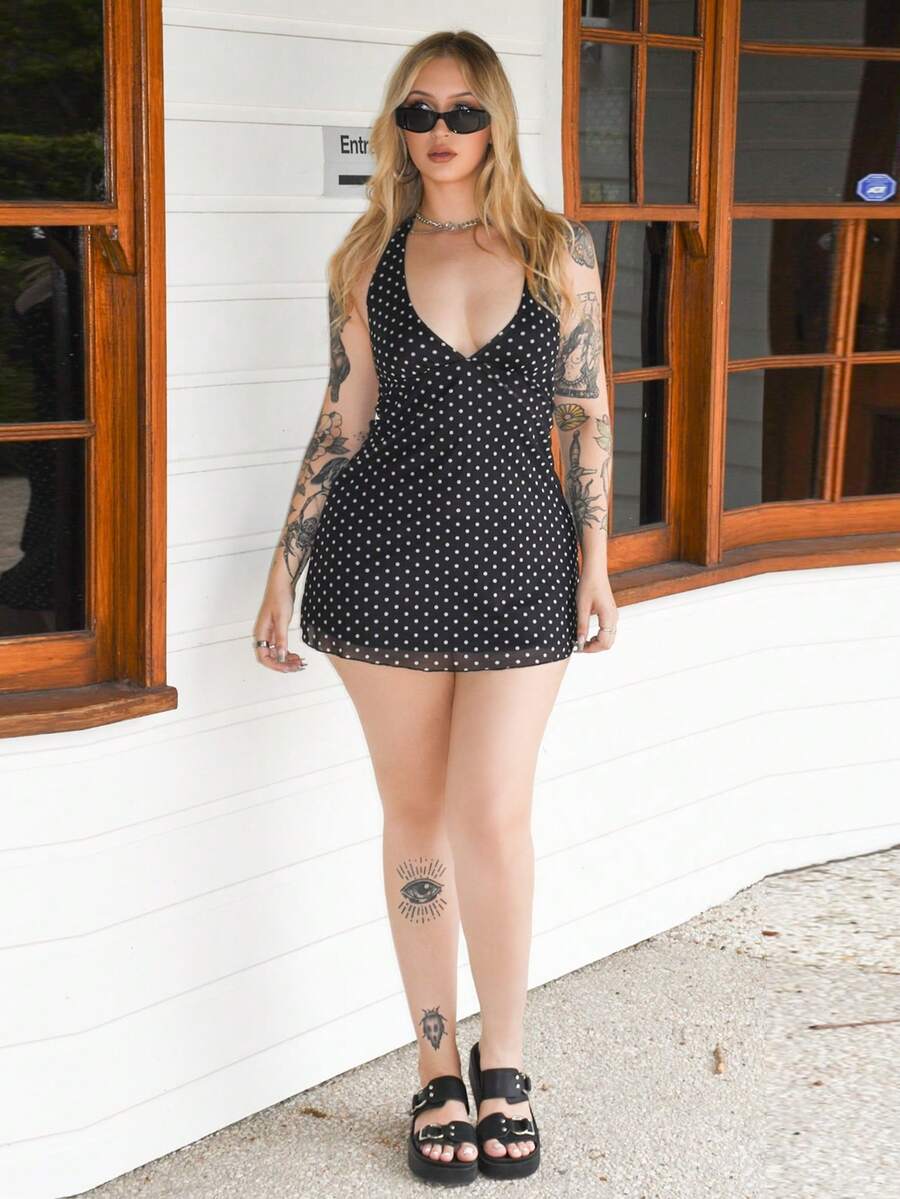 Arliah 1 件女式迷你连衣裙，黑色 V 领浪漫波尔卡圆点腰部收紧，适合日常、通勤、休闲和约会场合，秋冬 - 黑色 - 查看 1