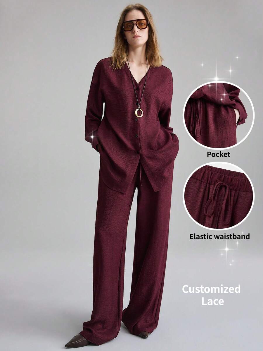 Ontre 2026春夏新款女士两件套，舒适面料，梭织材质，酒红色，宽松版型，长袖V领上衣，阔腿裤，优雅百搭，适合通勤、休闲等场合，V领上衣，长袖衬衫，阔腿裤，时尚搭配女士两件套