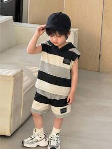 SHEIN 2pcs/Set Baby Boy Summer Casual Cute Versatile Knit Black & White Striped Letter Print Hooded Top And Elastic Waist Shorts Set - Multicolor - View 3