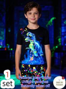 2 piezas Conjunto de pijama para niños pequeños, camiseta de manga corta con estampado de dinosaurio fluorescente y salpicaduras, y shorts elásticos, de tela de punto cómoda, lavable a máquina (1 conjunto se vende por separado) - Multicolor - Ver 11