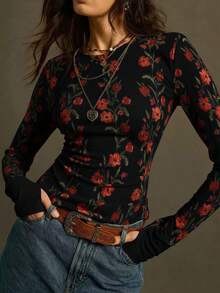 SoleilVie 2025秋冬新款杏色弹力罗纹印花针织T恤，复古花卉纽扣收腰长袖T恤，柔软亲肤面料，适合户外秋冬穿着。另有女士修身长袖上衣、西部牛仔上衣和女式牛仔上衣可供选择。 - 黑色 - 查看 4