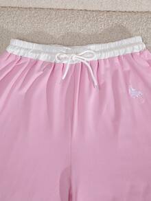SHEIN Sparklyn 少女撞色长袖T恤和裤子套装 - 粉色 - 查看 12