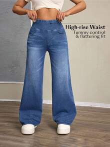 Flexra Petite Women's Stretchy Loose Casual Versatile Knit Denim Pants Custom-Designed For Petites. A Perfect Fit For The 150-160cm Build - Medium Wash - View 7